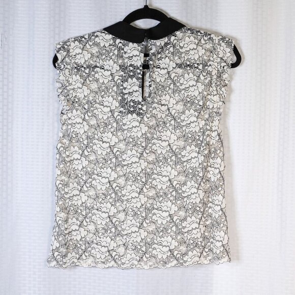 NWT Zara Woman Size L black/white lace short sleeve top w/black Peter Pan collar - Picture 2 of 11